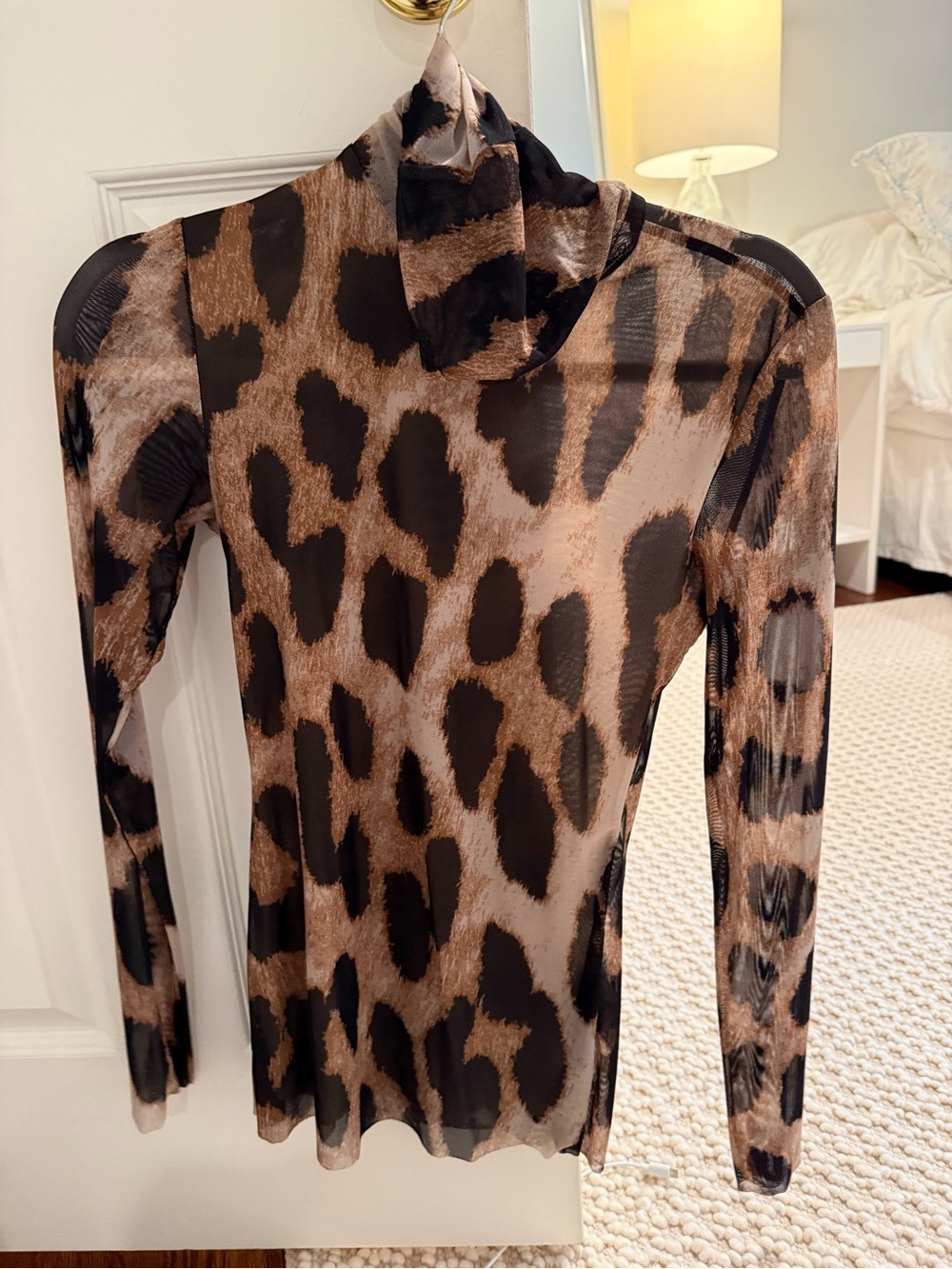 Ganni Leopard-Print Long Sleeve mesh Turtleneck Top - Brown/Black